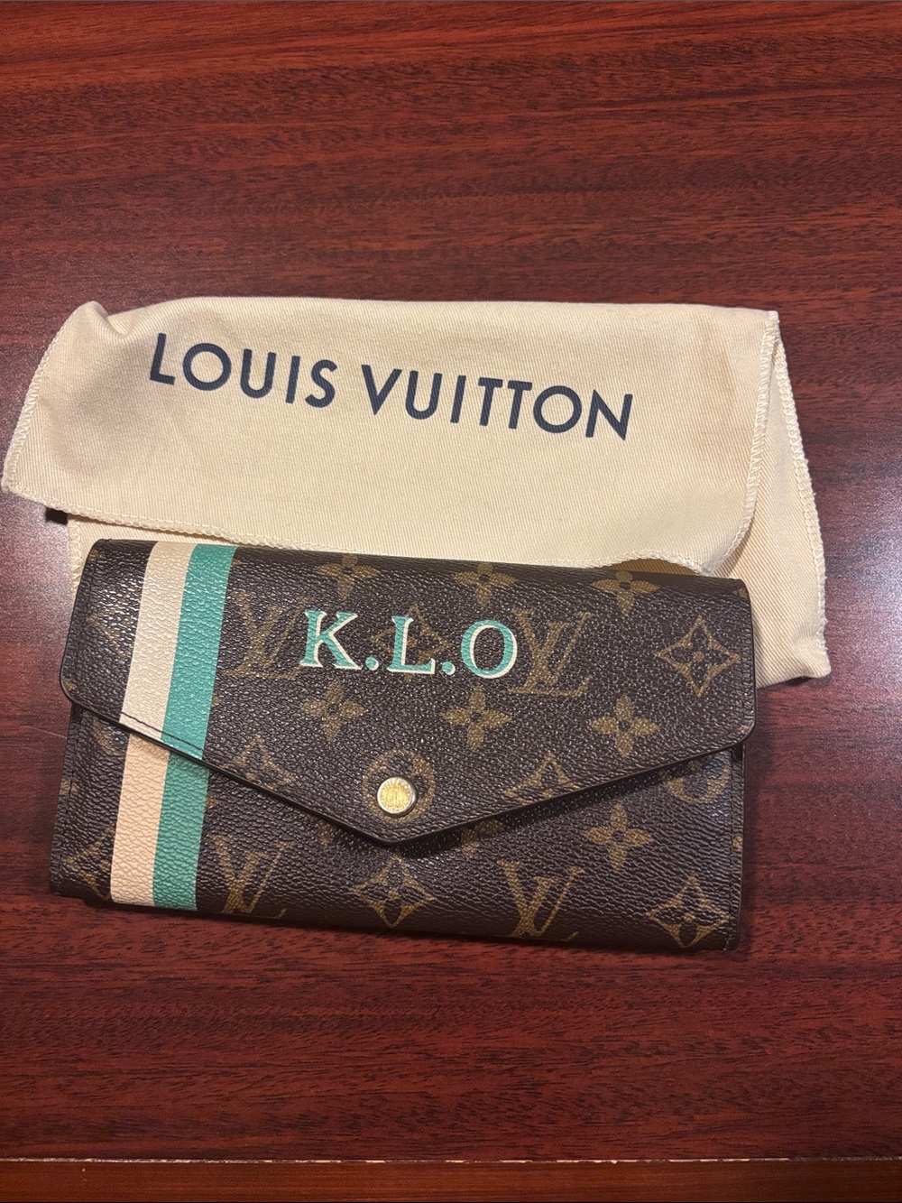Louis Vuitton Brown Monogram Wallet with Green and Cream Stripes